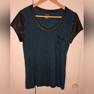 Calvin Klein Unisex Rayon Teal Top With Black Faux Leather Trim Lg